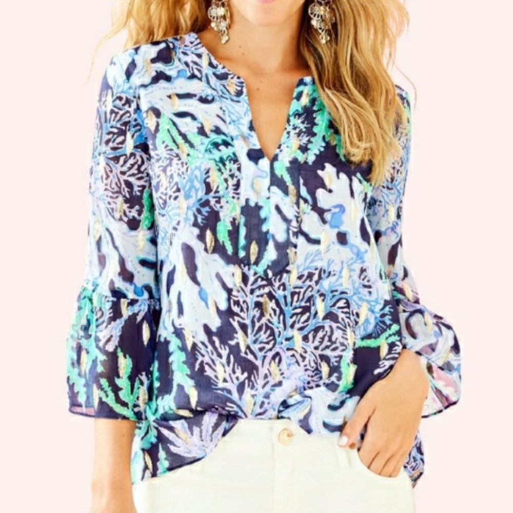 Lilly Pulitzer Elenora Silk Top Deep Indigo Swish Sway Print Bell Sleeve Small
